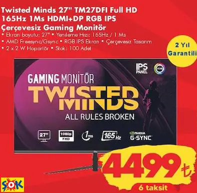 TWİSTED MİNDS 27 TM27DFI FULL HD 165HZ 1MS HDMI+DP RGB IPS ÇERÇEVESİZ GAMİNG MONİTÖR/OYUN MONİTÖRÜ